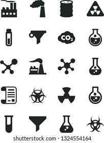 Solid Black Vector Icon Set - round flask vector, manufacture, factory, barrel, industrial building, radiation, carbon dyoxide, filter, water, research article, test tube, molecule, nuclear