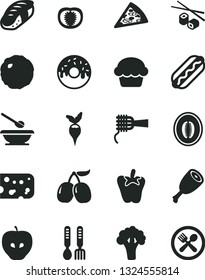 Solid Black Vector Icon Set - plates and spoons vector, iron fork, piece of cheese, pizza, Hot Dog, noodles, cake, glazed with a hole, chicken thigh, cabbage, peper, Chinese chopsticks, sushi, cafe
