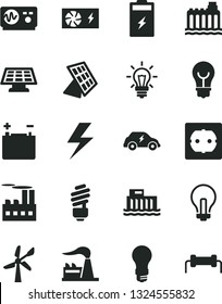 Solid Black Vector Icon Set - lightning vector, incandescent lamp, saving light bulb, power socket type f, charging battery, wind energy, factory, accumulator, hydroelectric station, pc supply