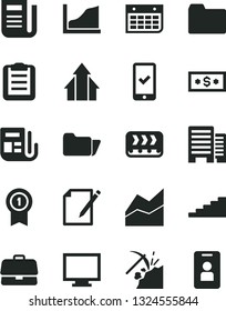 Solid Black Vector Icon Set - monitor vector, folder, line chart, buildings, notes, coal mining, conveyor, briefcase, wall calendar, morning paper, newspaper, clipboard, growth graph, stairway