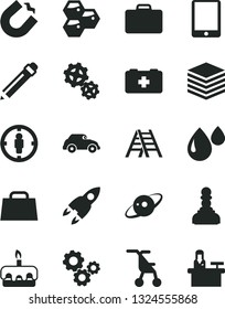 Solid Black Vector Icon Set - graphite pencil vector, sitting stroller, bag of a paramedic, ladder, pile, torte, honeycombs, gears, drop, retro car, horseshoe magnet, goal woman, hand, tablet pc