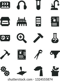Solid Black Vector Icon Set - zoom vector, small yule, adjustable wrench, kitchen faucet, hammer, with claw, flask, manufacture, industrial factory, conveyor, water filter, pc tower, motherboard