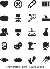 Solid Black Vector Icon Set - heart symbol vector, women, safety pin, roly poly doll, footprints, window frame, drill, globe, planet, torte, pie, coffee beans, pear, pumpkin, chair, getting baggage