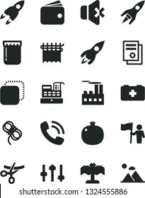 Solid Black Vector Icon Set - bag of a paramedic vector, hawser, no sound, copy, jam, pomegranate, industrial building, cloth industry, rocket, wallet, scientific publication, phone call, settings