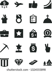Solid Black Vector Icon Set - thumb up vector, survey, portfolio, money, star reward, growth graph, medal ribbon, mine axe, diamond, gold ring, bar, pennant flag, rain, wallet, speaker, victory hand