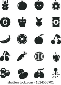 Solid Black Vector Icon Set - peper vector, carrot, mint, honeycombs, cherry, ripe peach, half apricot, tasty apple, cornels, water melon, banana, of kiwi, persimmon, pepper, potato, beet, oil