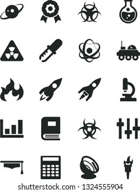 Solid Black Vector Icon Set - round flask vector, rocket, microscope, atom, nuclear, settings, book, biohazard, pipette, flame, graduate hat, calculator, growth graph, medal, satellite antenna