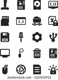 Solid Black Vector Icon Set - plummet vector, popsicle, trolley with coal, encrypting, mouse, motherboard, monitor, hdd, usb, network, trash bin, floppy, coding, joystick, sd card, settings, file