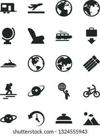 Solid Black Vector Icon Set - sign of the planet vector, car child seat, globe, history, saturn, man hold world, earth, train, camper, bike, backpacker, getting baggage, departure, jet ski
