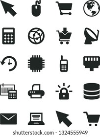 Solid Black Vector Icon Set - laptop vector, calculation, envelope, put in cart, satellite dish, mobile phone, calculator, mouse, cpu, printer, network, lan connector, big data, history, cursor