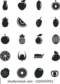Solid Black Vector Icon Set - cake slice vector, strawberries, red apple, rose hip, blueberry, mulberry, tasty, melon, of water, date fruit, plum, half cherry, yellow lemon, kiwi, coconut, physalis