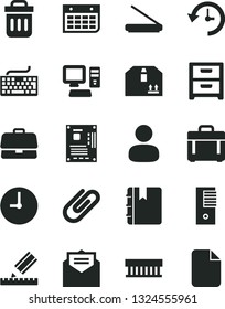 Solid Black Vector Icon Set - keyboard vector, drawing, wall clock, received letter, notebook, case, nightstand, cardboard box, clip, briefcase, man, calendar, computer, radiator fan, pc tower, file