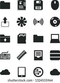 Solid Black Vector Icon Set - keyboard vector, folder, archive, upload, move up, tablet pc, notebook, fan, mouse, motherboard, memory, cd, network, floppy, wireless, sd card, big data, cloud