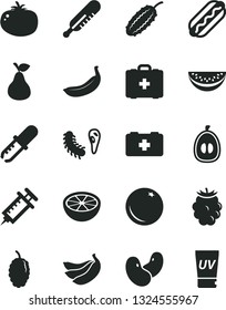 Solid Black Vector Icon Set - mercury thermometer vector, bag of a paramedic, medical, Hot Dog, tomato, pear, orange, blackberry, mulberry, water melon slice, half loquat, banana, bananas, beans
