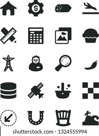 Solid Black Vector Icon Set - cradle vector, writing accessories, tile, left bottom arrow, picture, sausage, cake, red pepper, power line, metallurgy, magnifier, engineer calculator, big data, luck