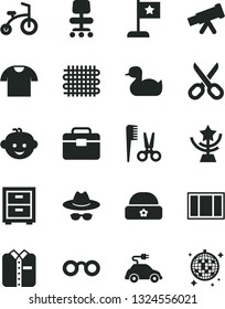 Solid Black Vector Icon Set - scissors vector, hat with glasses, bedside table, rubber duck, accessories for a hairstyle, children's hairdo, child bicycle, warm, window frame, portfolio, T shirt