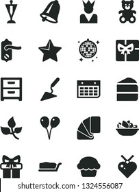 Solid Black Vector Icon Set - teddy bear vector, colored air balloons, building trowel, sample of colour, door knob, bell, star, nightstand, cake, piece, slice, a plate fruit, leaves, wall calendar
