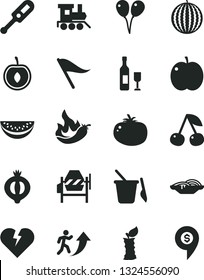 Solid Black Vector Icon Set - wind direction indicator vector, electronic thermometer e, children's sand set, baby toy train, colored air balloons, concrete mixer, broken heart, slices of onion