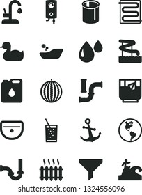 Solid Black Vector Icon Set - rubber duck vector, children's bathroom, sink, sewerage, heating coil, kitchen faucet, boiler, anchor, a glass of soda, tea, water melon, pipes, planet Earth, drop