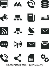 Solid Black Vector Icon Set - monitor window vector, rss feed, envelope, received letter, big data, phone call, satellite antenna, SIM card, connection, scheme, hierarchical, loudspeaker, newspaper