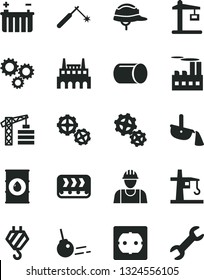 Solid Black Vector Icon Set - tower crane vector, builder, hook, gears, power socket type f, helmet, core, oil, battery, industrial building, factory, conveyor, Construction, pipe, welding, three