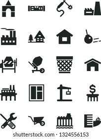 Solid Black Vector Icon Set - wicker pot vector, box of bricks, dwelling, building trolley, concrete mixer, window, small tools, level, core, home, hydroelectricity, industrial, thermal power plant