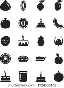 Solid Black Vector Icon Set - cake vector, birthday, slice, torte, apple pie, jam, strawberries, pomegranate, quince, fig, of melon, half, ripe plum, sweet date fruit, kiwi, pineapple, physalis