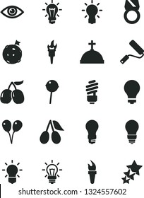 Solid Black Vector Icon Set - matte light bulb vector, colored air balloons, new roller, saving, eye, Chupa Chups, cornels, tasty, flame torch, flag on moon, gold ring, crown with cross, three stars