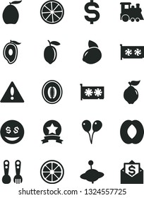Solid Black Vector Icon Set - warning vector, plastic fork spoons, children's train, yule, colored air balloons, quince, half of mango, loquat, peach, melon, lemon, yellow, juicy, slice, gpu card