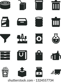 Solid Black Vector Icon Set - bin vector, storage unit, measuring cup for feeding, packing of juice with a straw, dust, drawer, bag handles, package, unpacking, canned goods, popcorn, jam, jar, oil