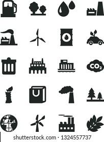 Solid Black Vector Icon Set - dust bin vector, bag with handles, apple stub, gas station, windmill, wind energy, manufacture, factory, oil, hydroelectric, trees, forest, industrial building, drop