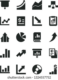 Solid Black Vector Icon Set - growth up vector, line chart, graph, negative, bar, statistical report, hierarchical scheme, article on the dollar, ring diagram, pie charts, book statistics, research