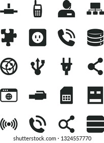 Solid Black Vector Icon Set - Puzzle vector, power socket type b, big data, phone call, electric plug, SIM card, connection, connections, scheme, dispatcher, mobile, usb, network, browser, connect