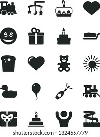 Solid Black Vector Icon Set - heart symbol vector, toys over the cradle, rubber duck, teddy bear, baby toy train, children's, balloon, birthday cake, gift, Easter, slice, torte, giftbox, dollar eyes
