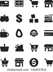 Solid Black Vector Icon Set - bank card vector, dollar, cubes for children, put in cart, crossed, stick of sausage, cup tea, kiosk, stall, shopping, basket, front the, purse, cash, machine, cashbox