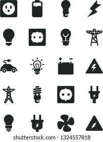 Solid Black Vector Icon Set - danger of electricity vector, matte light bulb, power socket type f, lightning, fan screw, charge level, accumulator, line, pole, plug, electric, energy saving, car