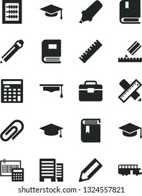 Solid Black Vector Icon Set - clip vector, graphite pencil, yardstick, book, new abacus, e, portfolio, buildings, writing accessories, drawing, calculation, square academic hat, text highlighter