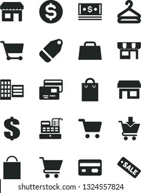 Solid Black Vector Icon Set - paper bag vector, dollar, city block, cart, put in, cards, kiosk, hanger, label, stall, shopping, reverse side of a bank card, cash, hand, machine, season sale