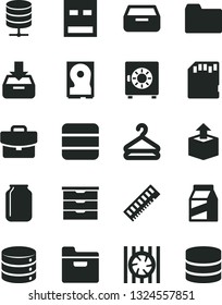 Solid Black Vector Icon Set - folder vector, storage unit, big data, server, suitcase, put in a box, drawer, strongbox, package, hanger, unpacking, jar, radiator fan, memory, hdd, usb, sd card