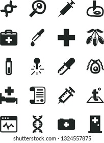 Solid Black Vector Icon Set - first aid kit vector, plus, bag of a paramedic, temperature, cardiogram, goji berry, mercury thermometer, research article, test tube, dna, bactery, pipette, syringe