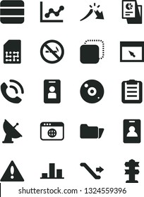 Solid Black Vector Icon Set - warning vector, graph, phone call, copy, SIM, chart, a crisis, statistical research, cd, browser, folder, big data, clipboard, satellite antenna, escalator, access