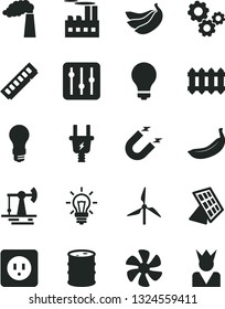 Solid Black Vector Icon Set - matte light bulb vector, power socket type b, new radiator, regulator, banana, bananas, marine propeller, working oil derrick, windmill, manufacture, barrel, magnet