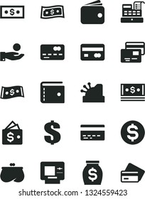 Solid Black Vector Icon Set - bank card vector, purse, dollar, cards, reverse side of a, front the, catch coin, wallet, money, cash, machine, cashbox, atm, credit
