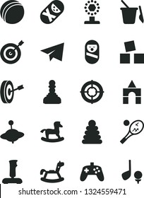 Solid Black Vector Icon Set - paper airplane vector, bath ball, stacking rings, roly poly doll, tumbler, children's sand set, yule, rocking horse, small, cubes for children, box of bricks, joystick