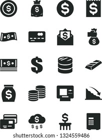 Solid Black Vector Icon Set - dollar vector, cards, coins, front of the bank card, column, recession, financial item, money, dollars, cash, gold bar, bag hand, rain, coin, mail, atm, safe