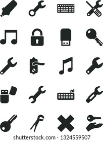 Solid Black Vector Icon Set - repair key vector, cross, small tools, adjustable wrench, door knob, lock, music, steel, text highlighter, keyboard, usb flash, note, arm with