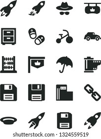 Solid Black Vector Icon Set - floppy disk vector, spectacles, hat with glasses, camera roll, bedside table, tricycle, child shoes, abacus, umbrella, plate, modern gas station, retro car, rocket