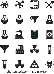 Solid Black Vector Icon Set - round flask vector, factory, oil, barrel, industrial building, radiation, filter, water, research article, test tube, molecule, nuclear, biohazard