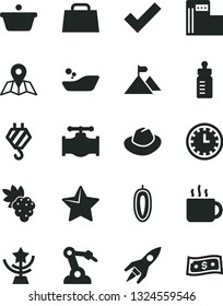 Solid Black Vector Icon Set - clock face vector, hat, check mark, feeding bottle, children's bathroom, hook, star, map, cup of tea, grape, sweet date fruit, modern gas station, valve, robot welder