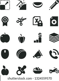 Solid Black Vector Icon Set - graphite pencil vector, horn, dummy, bath ball, pile, phone call, expand picture, a plate of fruit, apple, piece coconut, ripe pepper, coal mining, encrypting, mouse